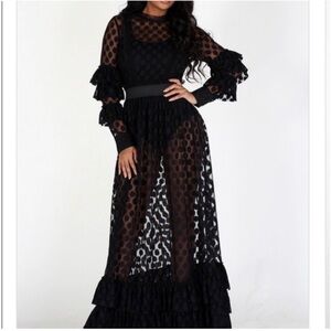Chic Black Sheer Polka Dot Long Sleeve Dress
